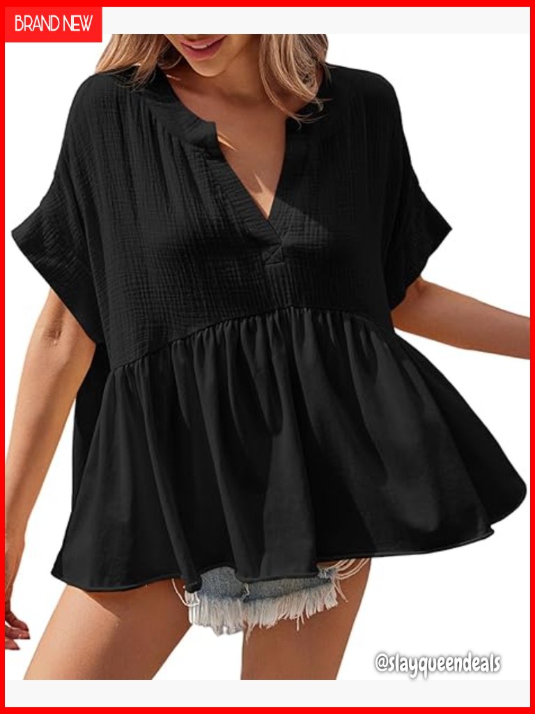 Peplum Babydoll Top Short Sleeve V Neck Flowy Tunic Blouse